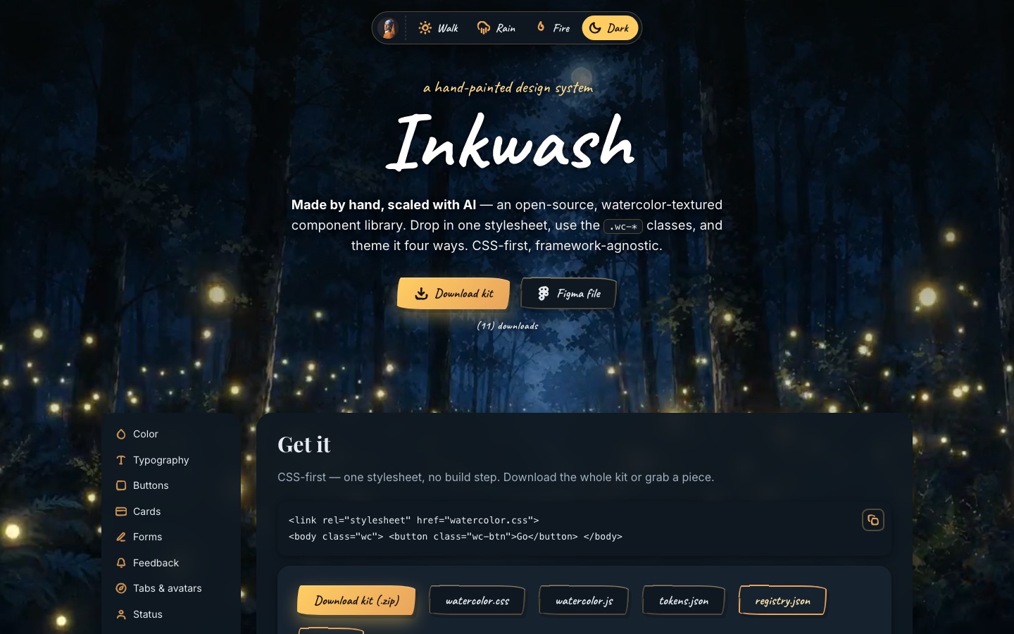 The Inkwash design system in its Dark theme — components over a firefly-lit night forest