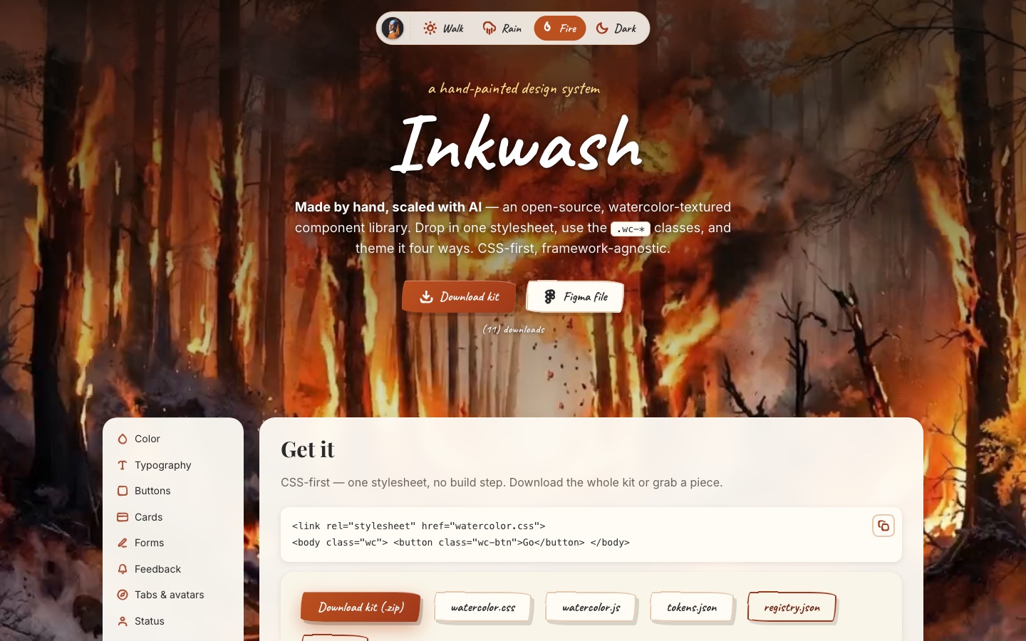 The Inkwash design system in its Fire theme — components over a burning watercolor forest