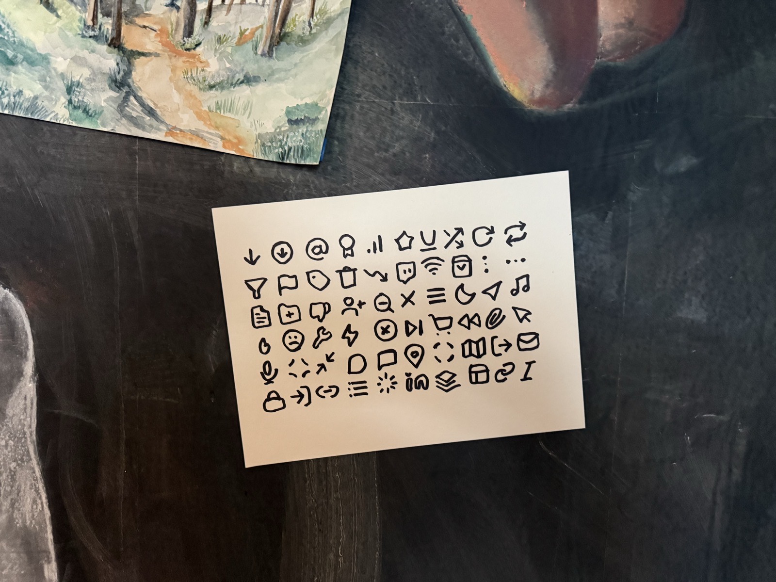 Close-up of the icon card, dozens of small interface icons inked by hand