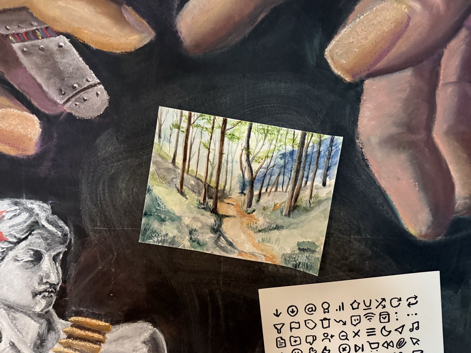 Close-up of the original watercolor painting of a forest path