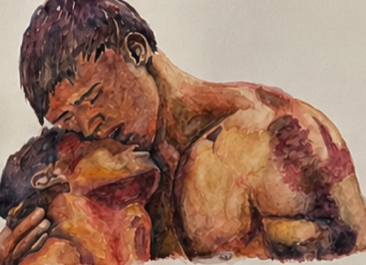 Watercolor of two figures embracing