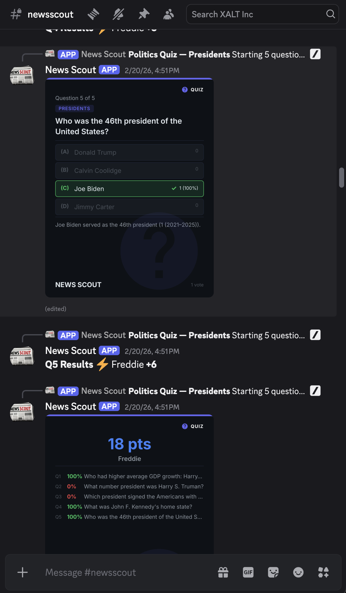 News Scout Politics Quiz live in Discord