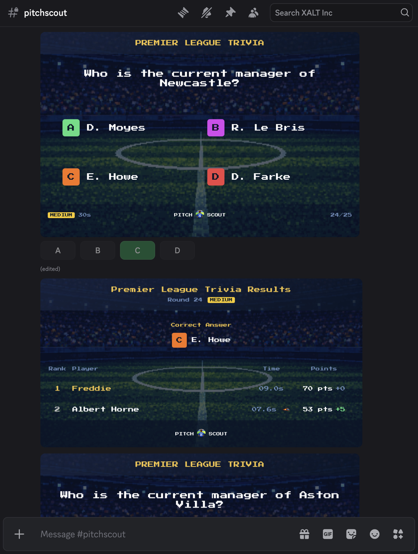 Pitch Scout Premier League Trivia live in Discord