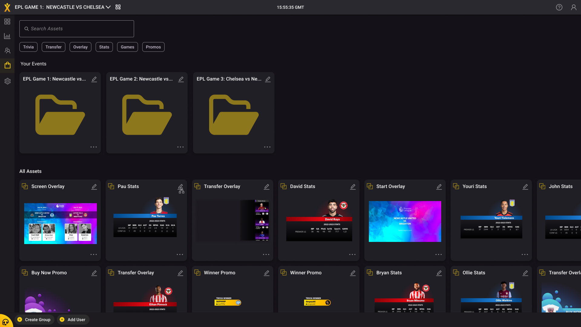 Asset management grid with overlays, stats, and promos