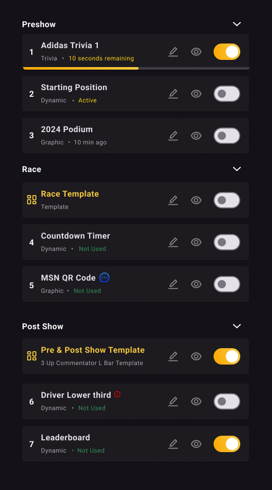 Run-of-show module — Preshow, Race, Post Show segments