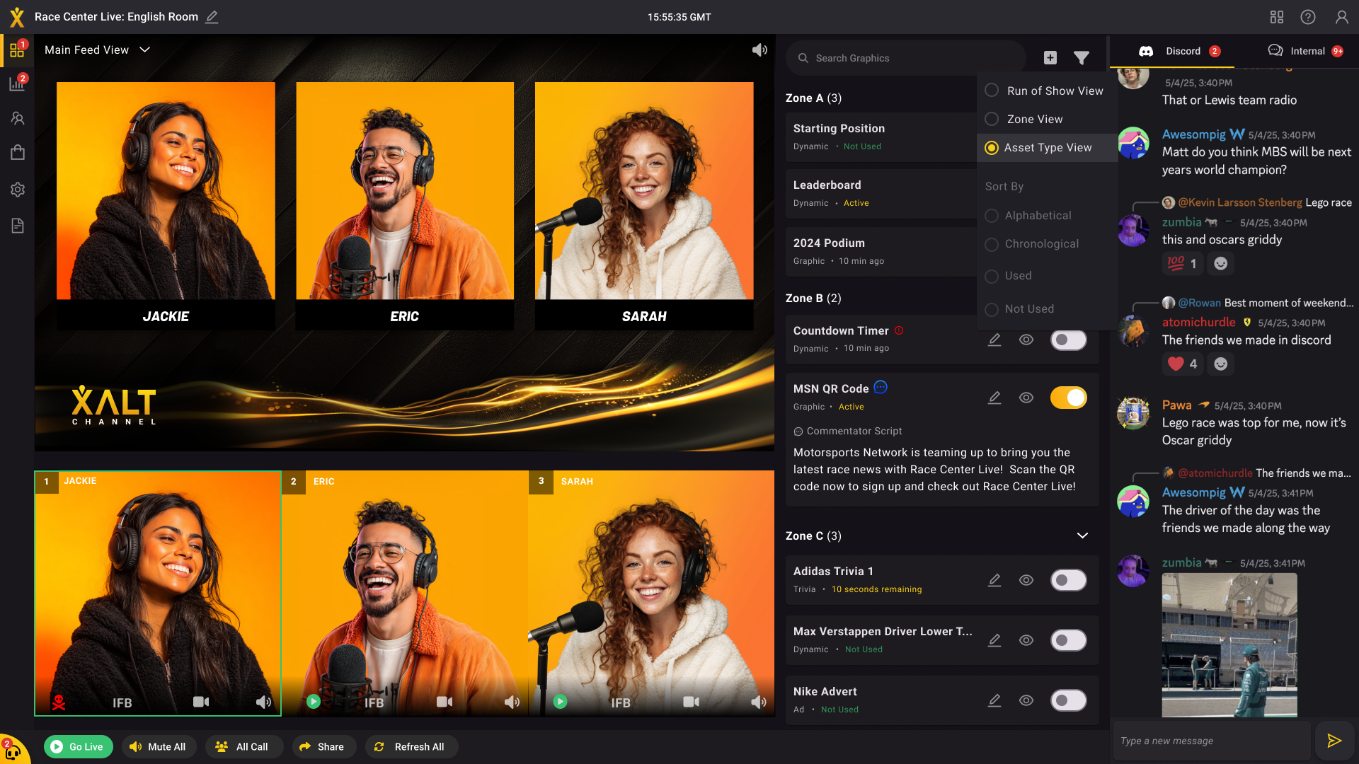Script feature with run-of-show tied to commentator cues
