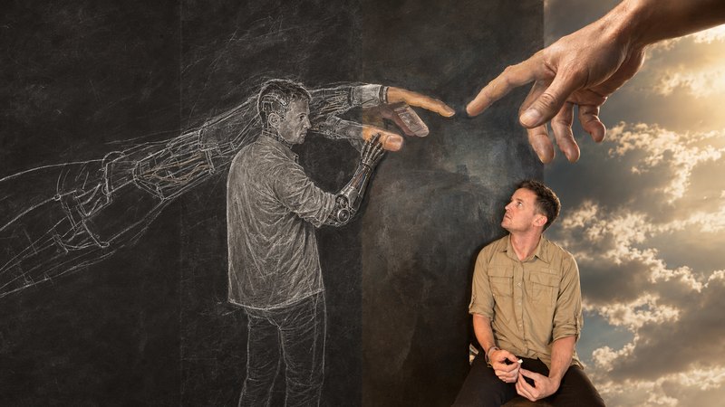 Split image: chalk wireframe sketch of Lance becoming a photograph