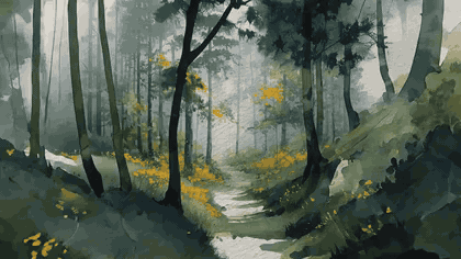 Looping animation of a hand-painted watercolor forest path, as if walking through it