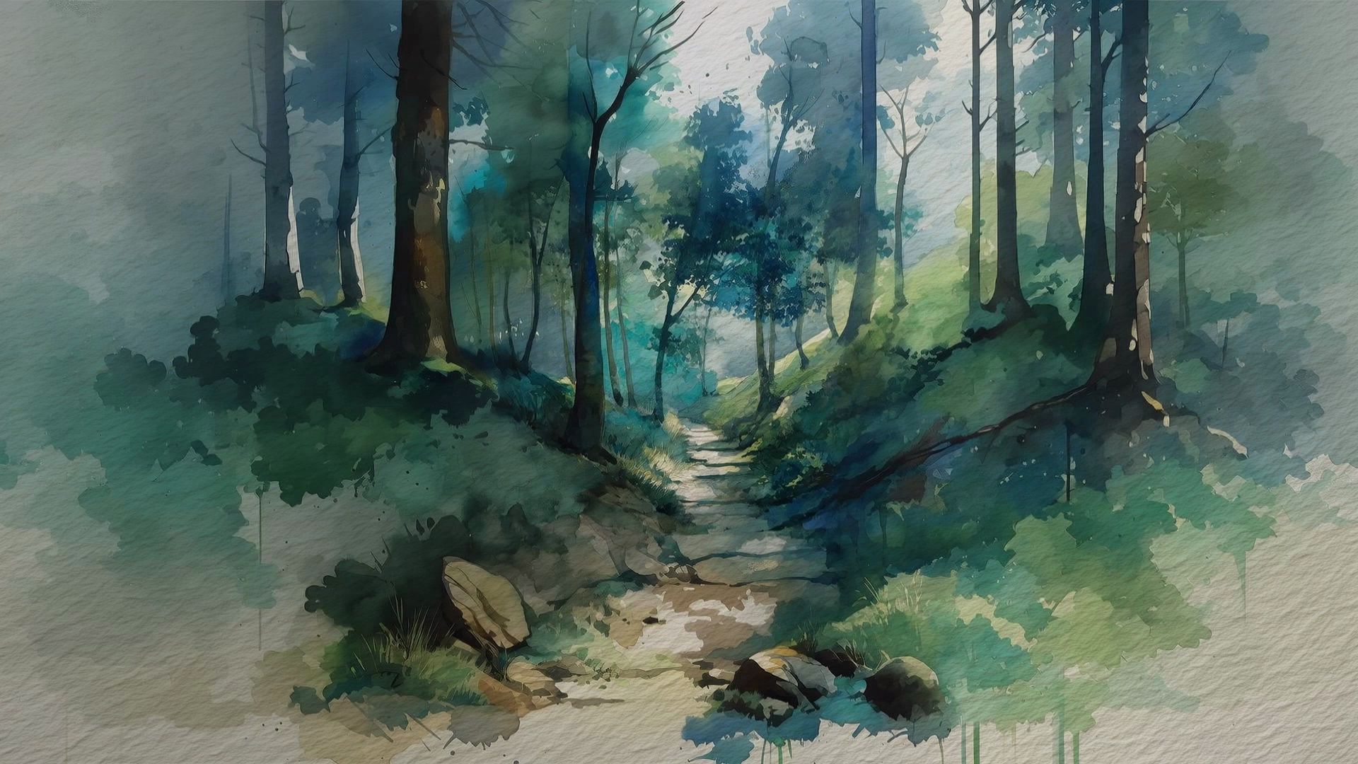 The Walk theme background — a sunlit watercolor forest path